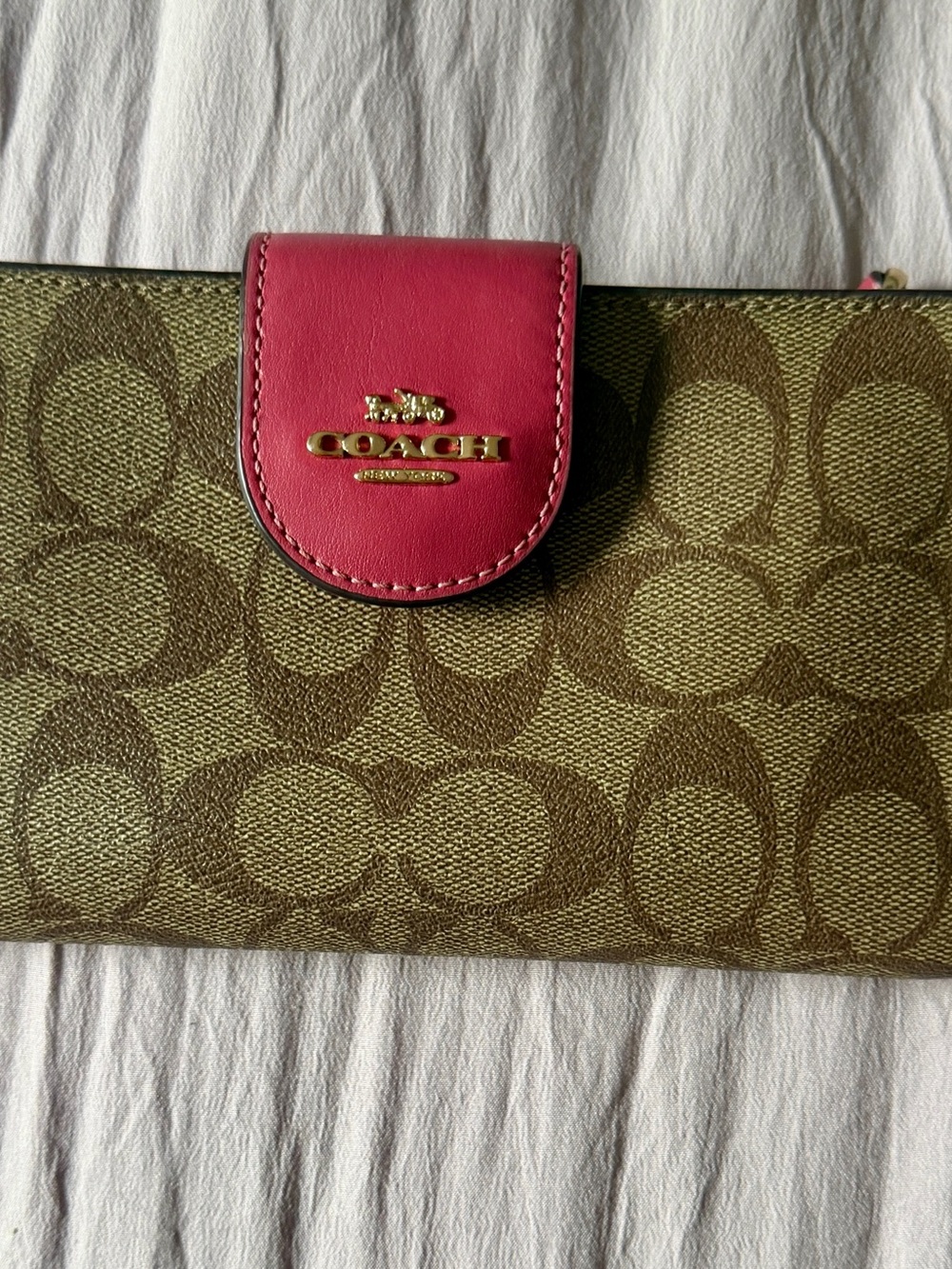 Coach Signature Canvas Wallet with Pink Snap Tab